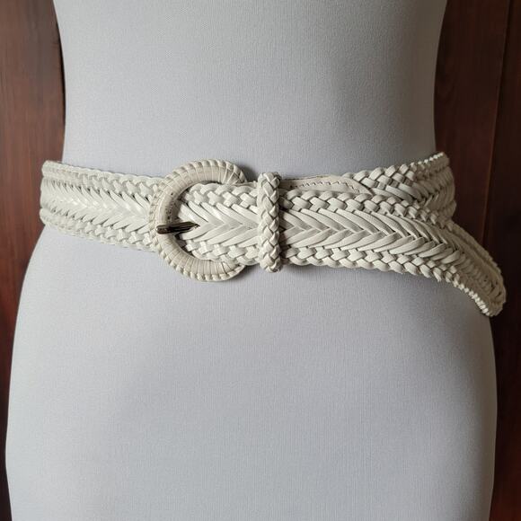 Talbots XS White Genuine Leather Woven Belt Women 37" Boho Preppy Classic Chic - Picture 1 of 11